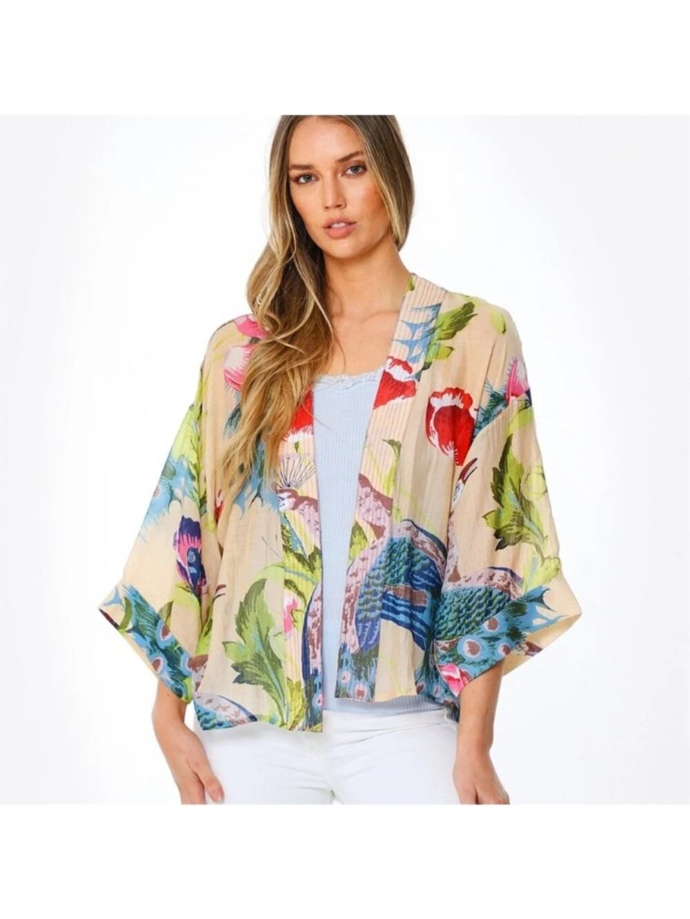 One Hundred Stars Peacocks and Poppies Cream Floral Short Kimono One Size